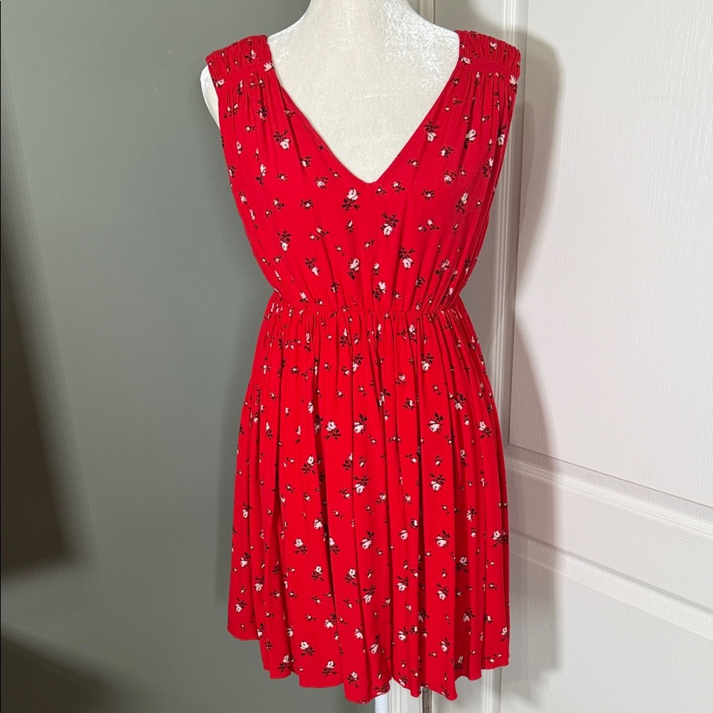 Madewell Red Floral V-Neck Mini Dress Size S Silk Look Sleeveless